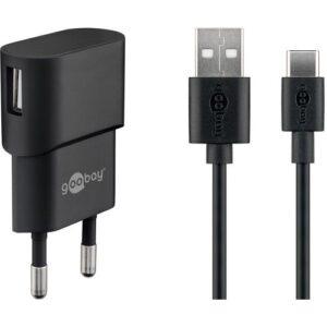 Goobay Wandladeadapterset, 100-240V > 1x USB-A, 1.0A, 5W, 1 x USB A auf C Kabel 1m - schwarz