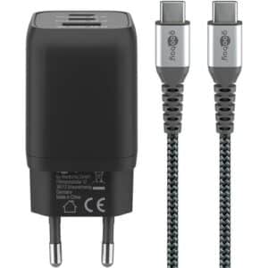 Goobay Wandschnellladeadapterset, 100-240V > 2xUSB-C,1xUSB-A, 3.25A, 65W, 1 x USB-C  auf C Kabel 1m - schwarz