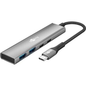 Goobay USB 3.2 4-Port Hub, passiv, 1xUSB-C  2 x USB-C/2xUSB A, 5 Gbit/s, ohne Netzteil - silber