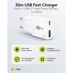 Wentronic GaN Wandladeadapter/Netzstecker, 230V AC  1x USB-C PD & 1 x USB-A, 20W - weiß