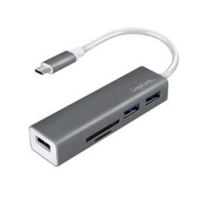 LogiLink® UA0305 passiver USB 3.2 Gen 1x1 Hub mit Cardreader, 1 x USB Typ-C auf 3 x USB A, microSD/SD Karten, Alu, Silber