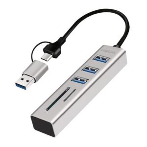 LogiLink® UA0442 passiver USB 3.0 Hub mit Cardreader, Extern, 3 x USB A, microSD/SD Karten, Alu - Silber