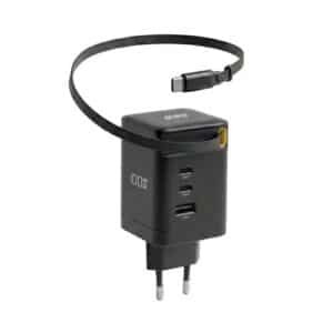 EFB GaN Wandladeadapter/Netzstecker 100W, 230V AC2xUSB-C PD, 1xUSB-A & 1xUSB-C Kabel ausziehbar 0.7m - schwarz