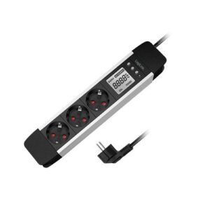 Steckdosenleiste mit LCD Display, 3-fach, Echtzeit Energieverbrauch/CO2-Emission, schwarz/silber - 1.4m