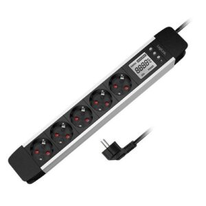 Steckdosenleiste mit LCD Display,5-fach, Echtzeit Energieverbrauch/CO2-Emission, schwarz/silber - 1.4m