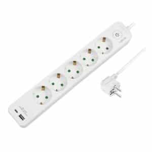 Steckdosenleiste mit USB, 5-fach, 1xUSB-A & 1xUSB-C mit max. 17W, mit Schalter, weiß - 1.5m